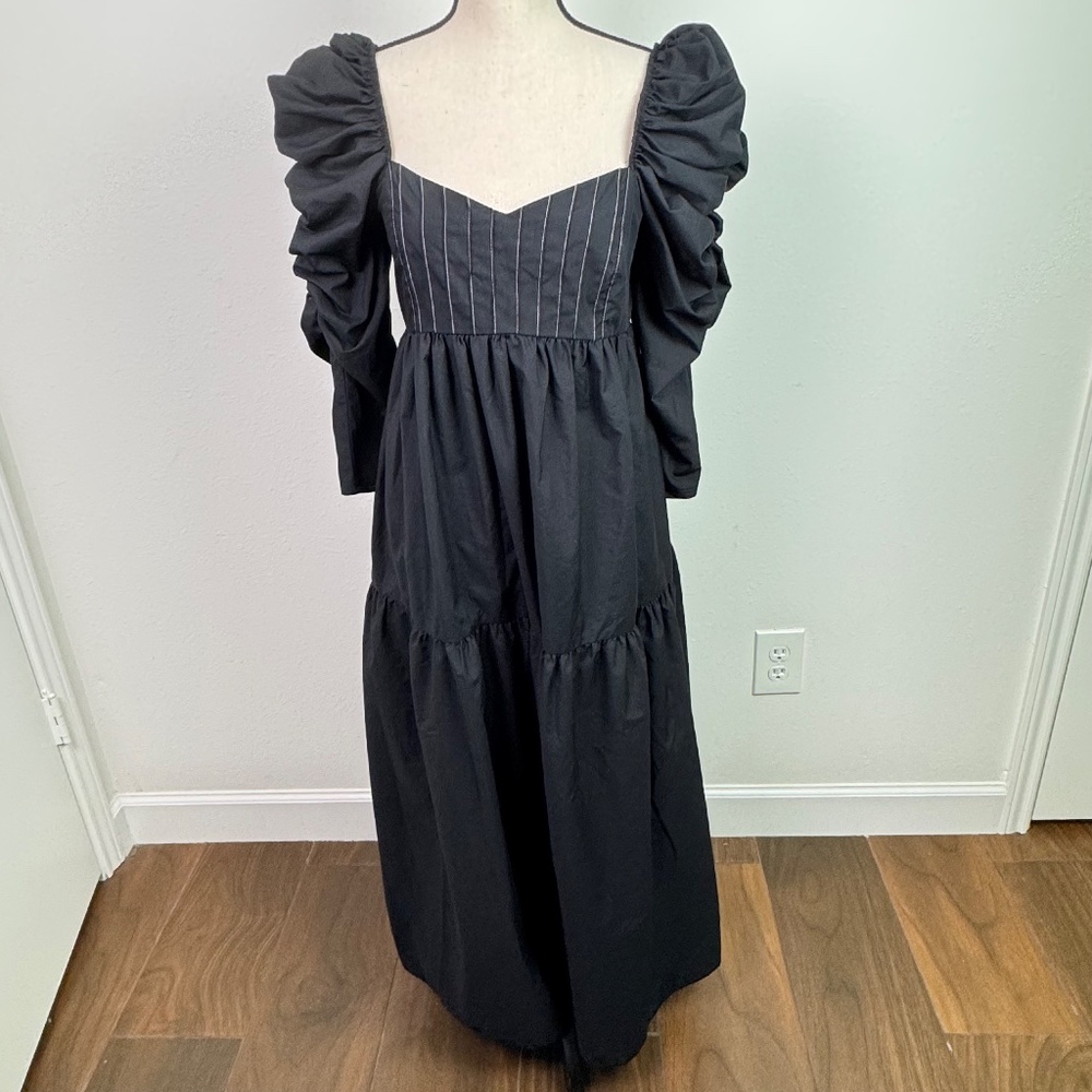 Topshop Women's Ruched Sleeve Black Poplin Midi Dress Whimsigoth Witchy Size 6